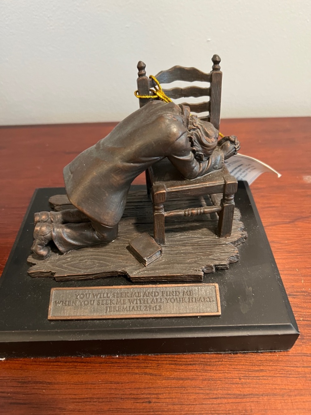 Praying Man Sculpture on Chair with Jeremiah 29:13 Plaque